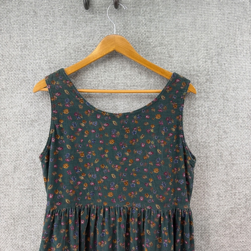 Vintage LL Bean Corduroy Dress Women's L Green Floral Button Front Midi Pockets - Picture 2 of 10